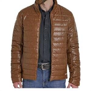 NEW POWDER RIVER men's distressed faux leather puffer coat in tan